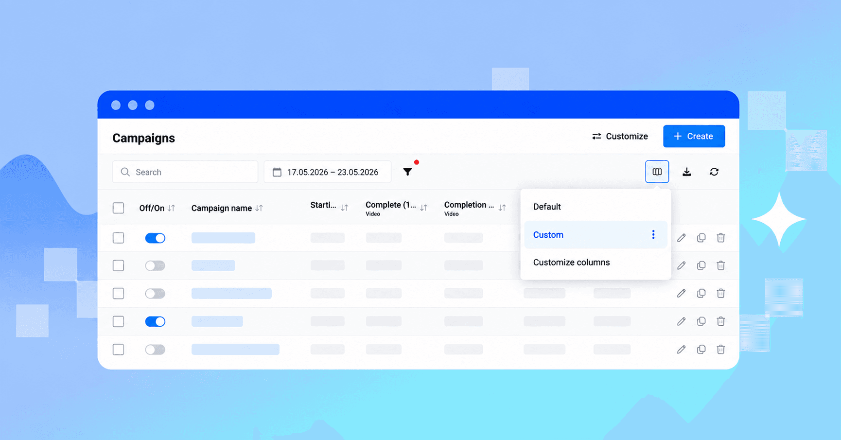 Switch between saved metric configurations or create a new preset directly from the dashboard.