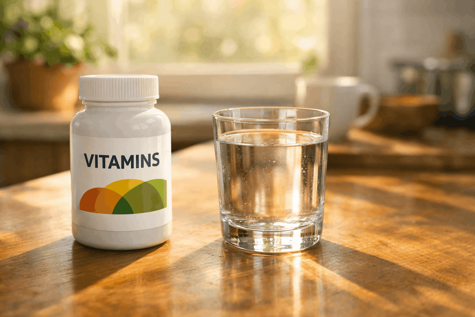 Prompt básico: “Frasco de plástico de vitaminas sobre uma mesa de cozinha ao lado de um copo de água, luz solar matinal, foto realista.”