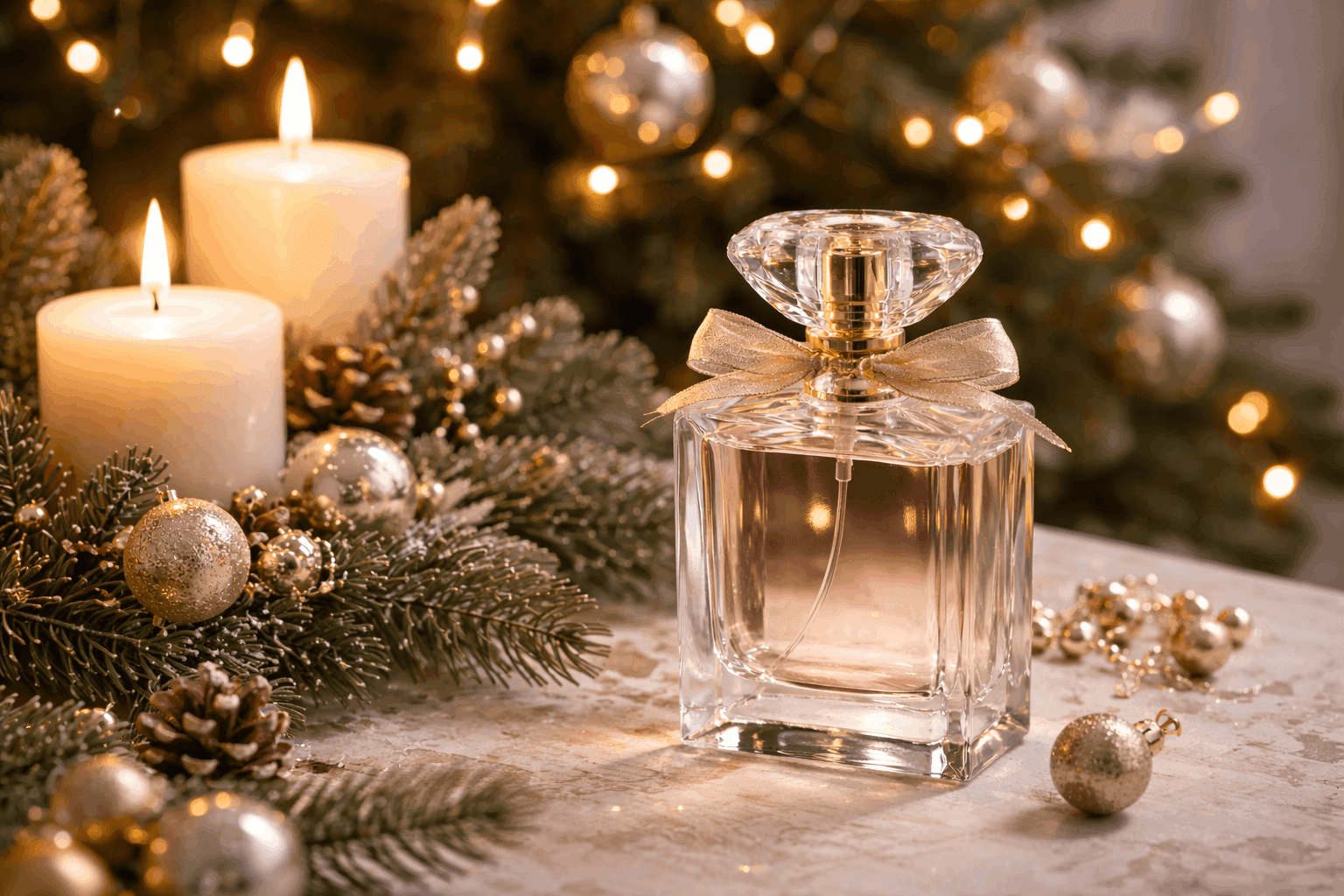 Prompt básico: “Frasco de perfume numa mesa próximo de uma árvore de natal e velas”