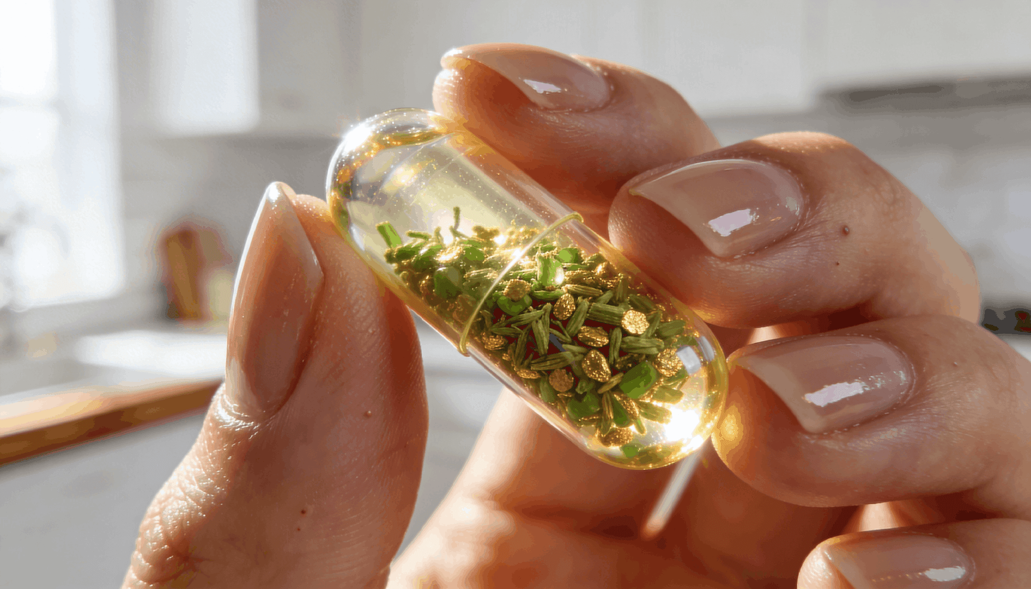 Prompt pronto para anúncio: “Close-up macro extremo de dedos com unhas impecavelmente feitas segurando uma única cápsula transparente preenchida com minúsculos grânulos de ervas verdes e dourados. A luz solar brilha através da pílula, criando um efeito luminoso. A foto apresenta textura de pele altamente detalhada contra um fundo muito desfocado de uma cozinha europeia arrumada e minimalista. Sensação de biotecnologia e potência.”