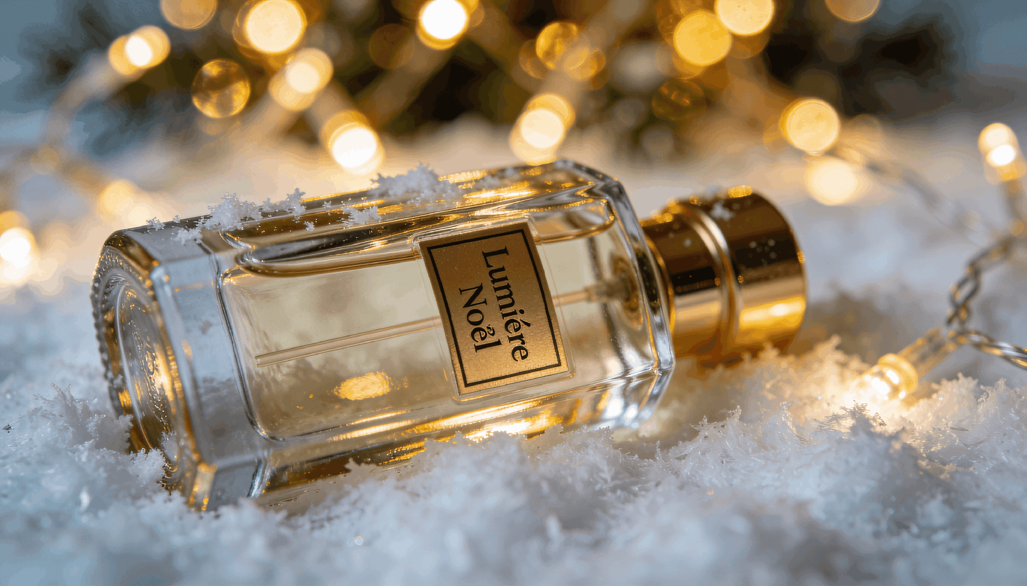 Prompt pronto para anúncio: “Frasco de perfume de vidro elegante deitado sobre neve branca macia e fofa ou veludo branco, cercado por bokeh de luzes de Natal douradas brilhantes ao fundo, atmosfera mágica de inverno, foco nítido no rótulo da marca, reflexo cinematográfico no vidro, clima acolhedor de fim de ano, alto contraste, caloroso e convidativo.”