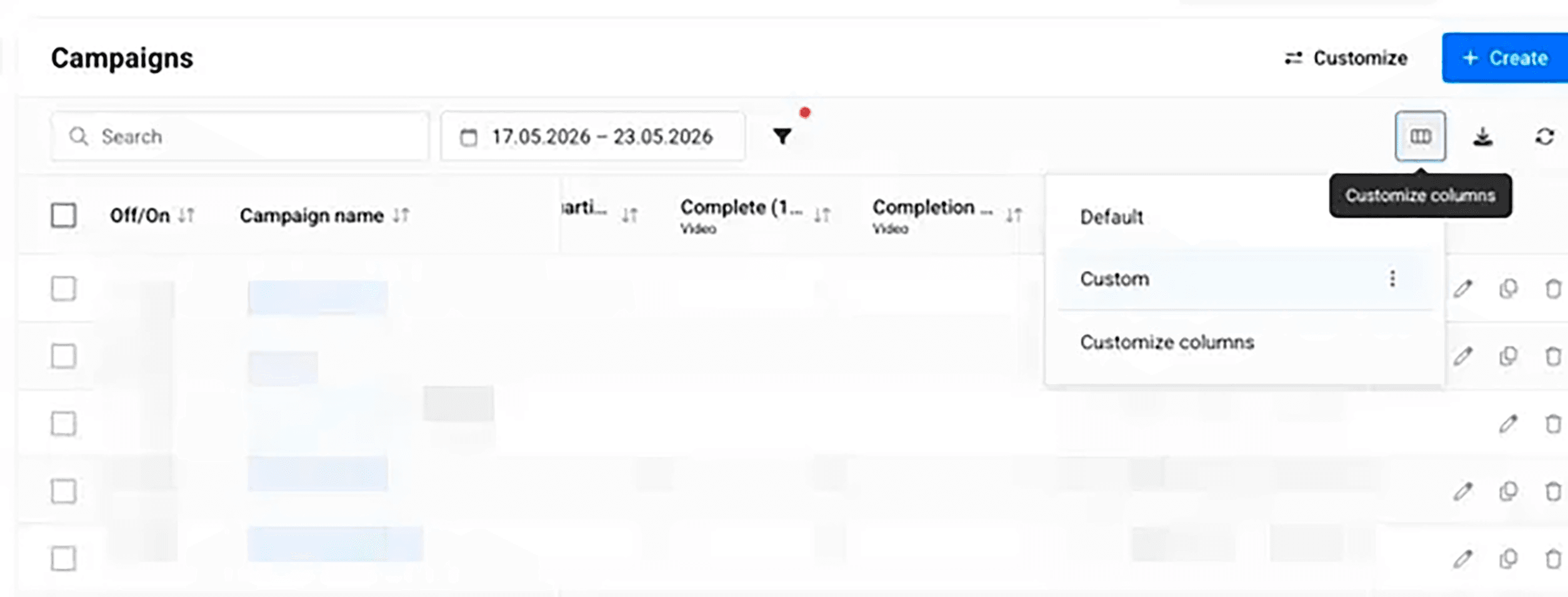 Switch between saved metric configurations or create a new preset directly from the dashboard.
